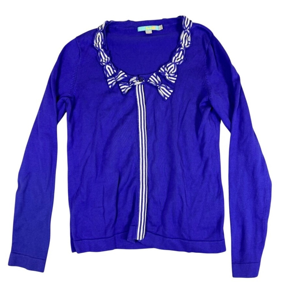 Boden Purple Ruffle Bow Cardigan Sweater Long Sleeve Striped Trim Size US 6